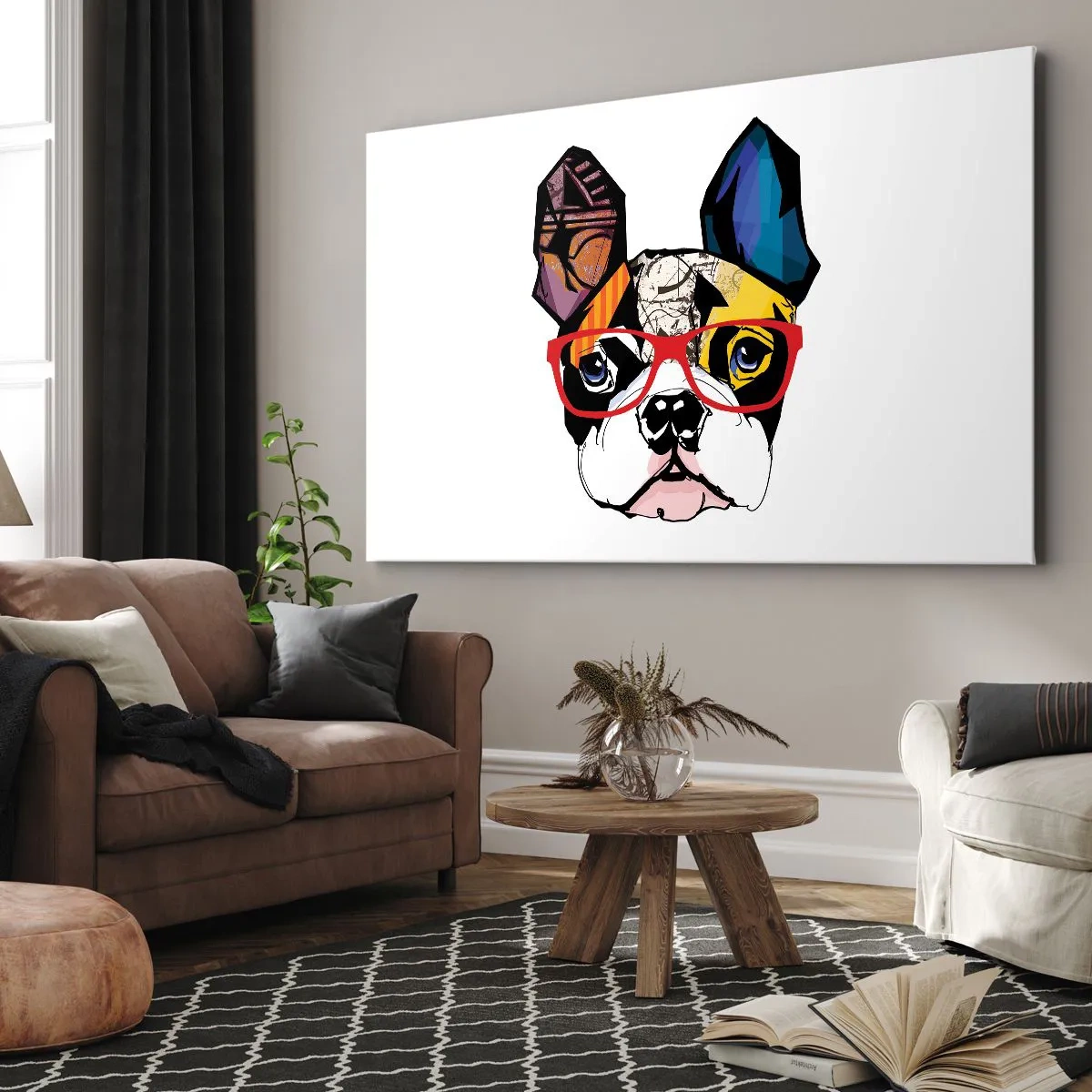 Vászonkép - Bulldog színes illusztrációban piros szemüveggel - 70x50cm - Értelmiségi - Modern fali dekoráció nappalihoz és hálószobához ARTTOR