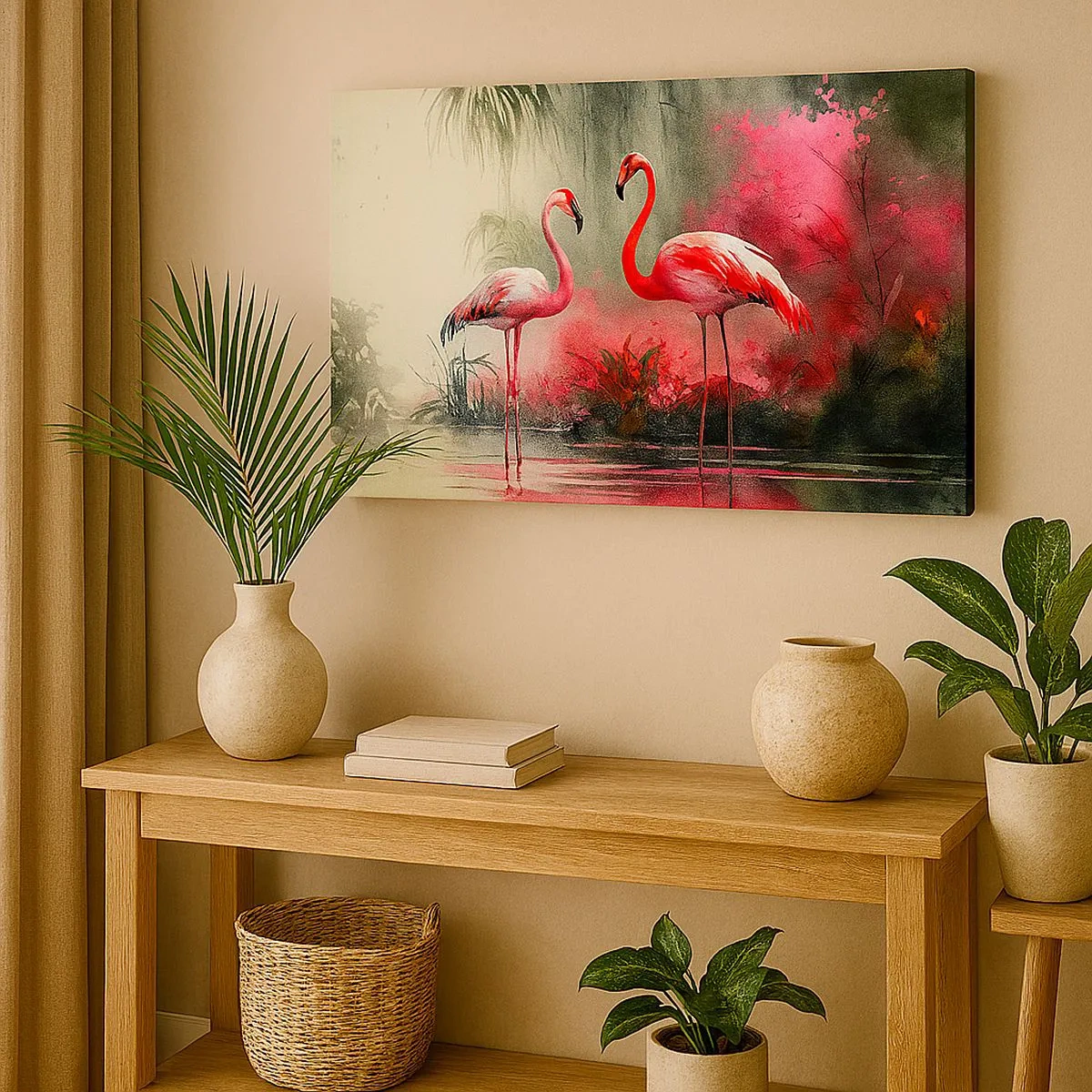 Vászonkép - Flamingók a vízparton, növényzettel körülvéve - 70x50cm - Egy lecke a természetes bájról - Modern fali dekoráció nappalihoz és hálószobához ARTTOR