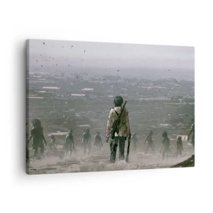 Vászonkép - Egy fegyveres alak áll egy csoport előtt egy disztópikus tájképen. - 70x50cm - Utolsó igazságos? - Modern fali dekoráció nappalihoz és hálószobához ARTTOR