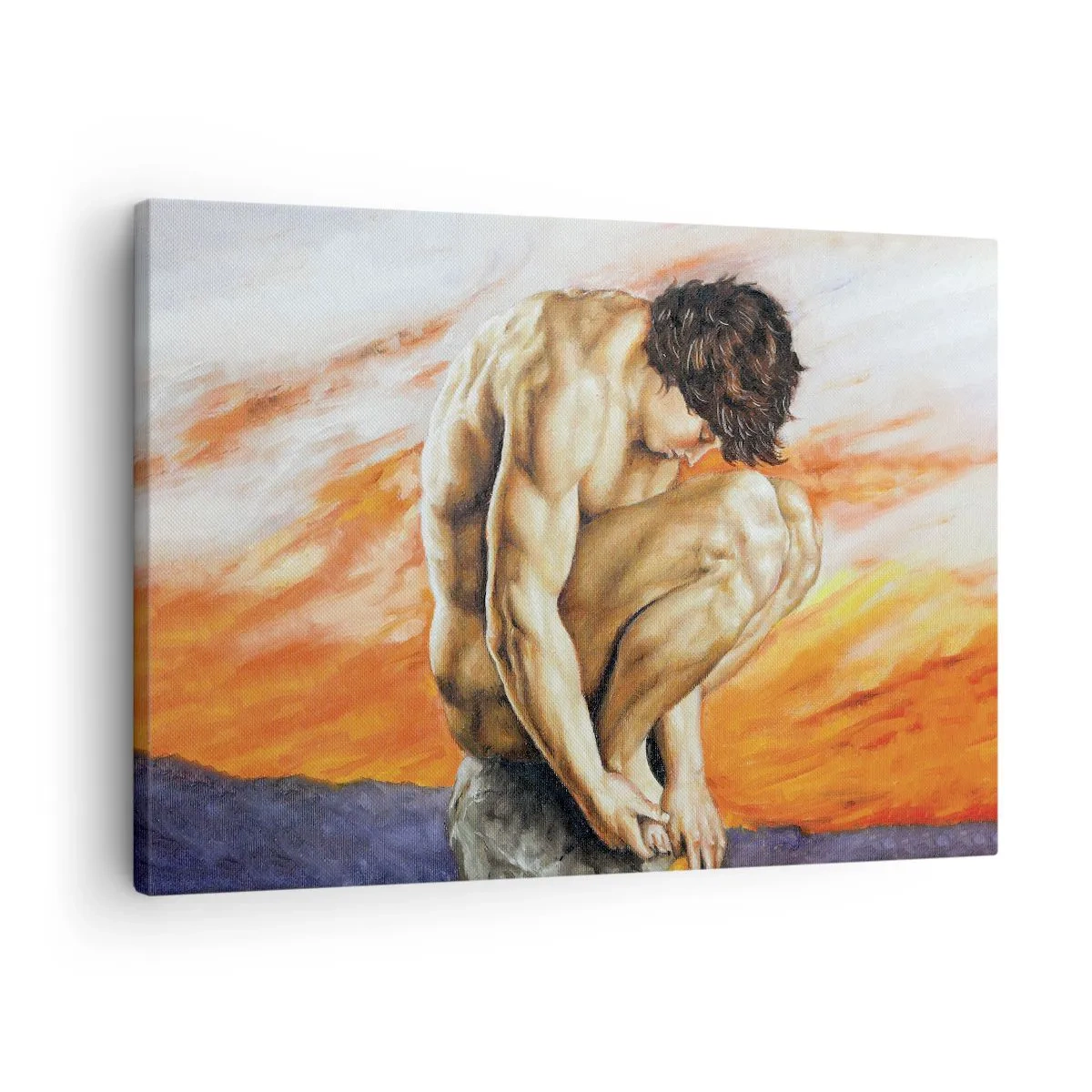 Vászonkép - Egy gondolataiba merült férfi a naplemente hátterében - 70x50cm - Elmerülve önmagában - Modern fali dekoráció nappalihoz és hálószobához ARTTOR