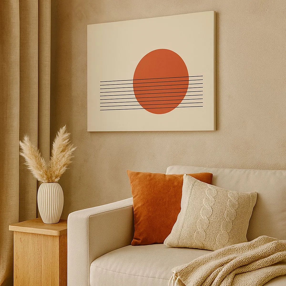 Vászonkép - Absztrakt piros kör vonalakkal bézs háttéren. - 70x50cm - Körbe és tovább - Modern fali dekoráció nappalihoz és hálószobához ARTTOR