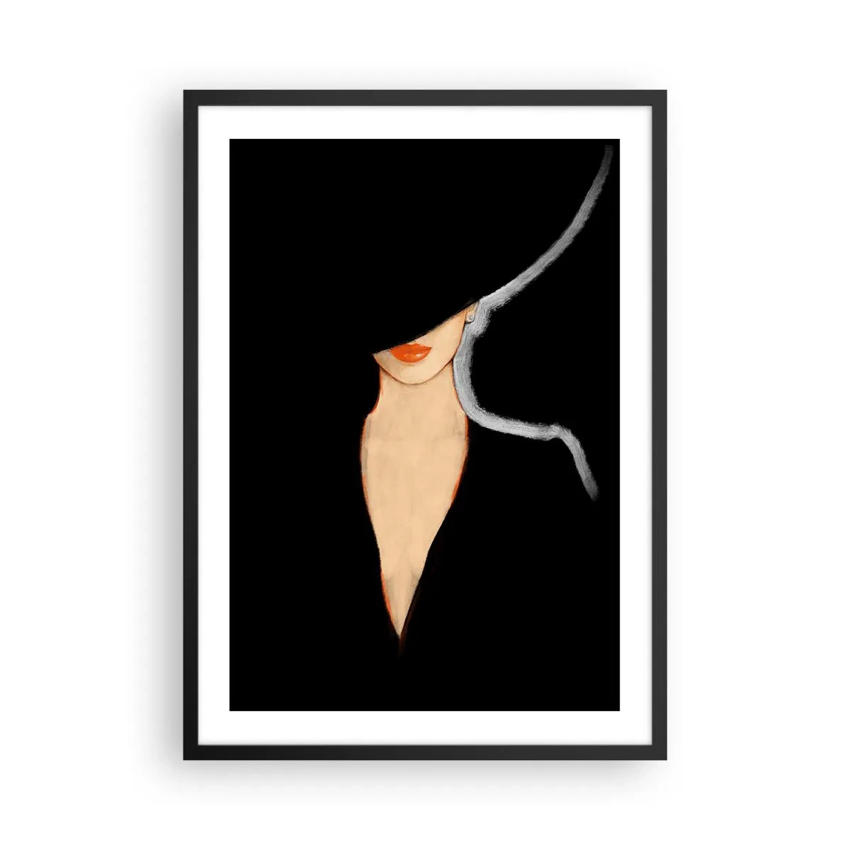 Poszter fehér keretben - Egy nő kalapban, piros ajkakkal, fekete alapon - 50x70cm - Elegancia és stílus - Modern fali dekoráció nappalihoz és hálószobához ARTTOR