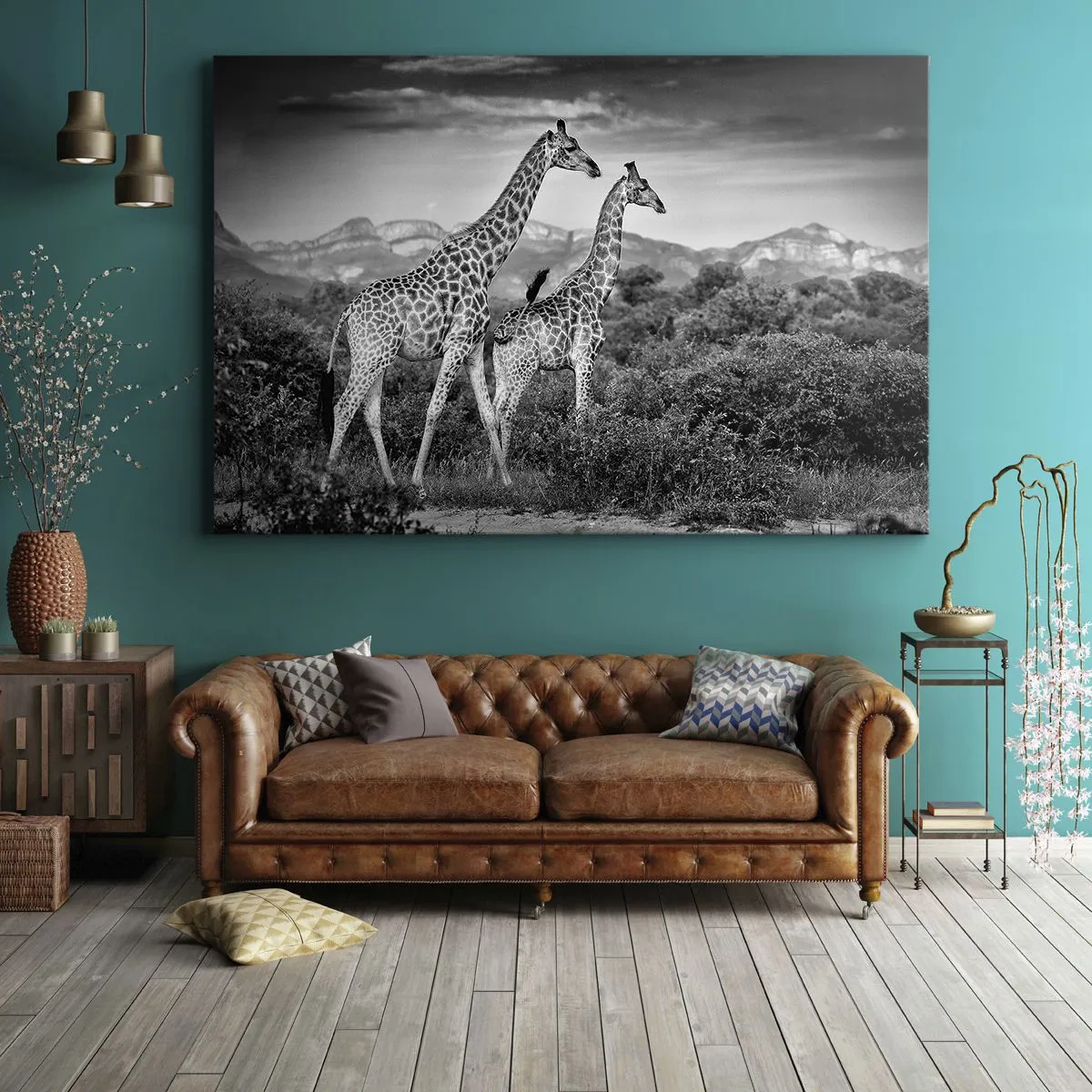 Vászonkép - Két zsiráf fekete-fehér sziluettje a szavannán - 70x50cm - Magas rangok Afrikában - Modern fali dekoráció nappalihoz és hálószobához ARTTOR