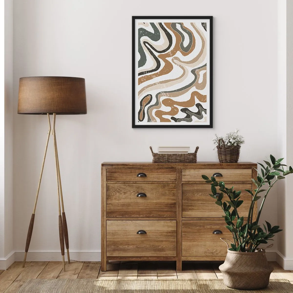 Poszter fehér keretben - Absztrakt organikus minták földszínű árnyalatokban - 50x70cm - Földszínű színek kanyarulatai - Modern fali dekoráció nappalihoz és hálószobához ARTTOR