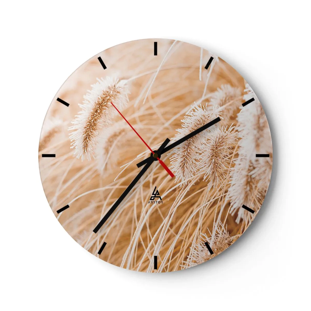 Falióra, Óra - Aranyló fű lengedezése a szélben közelről - 30x30cm - A fű arany susogása - Modern fali dekoráció nappalihoz, konyhához és hálószobához ARTTOR
