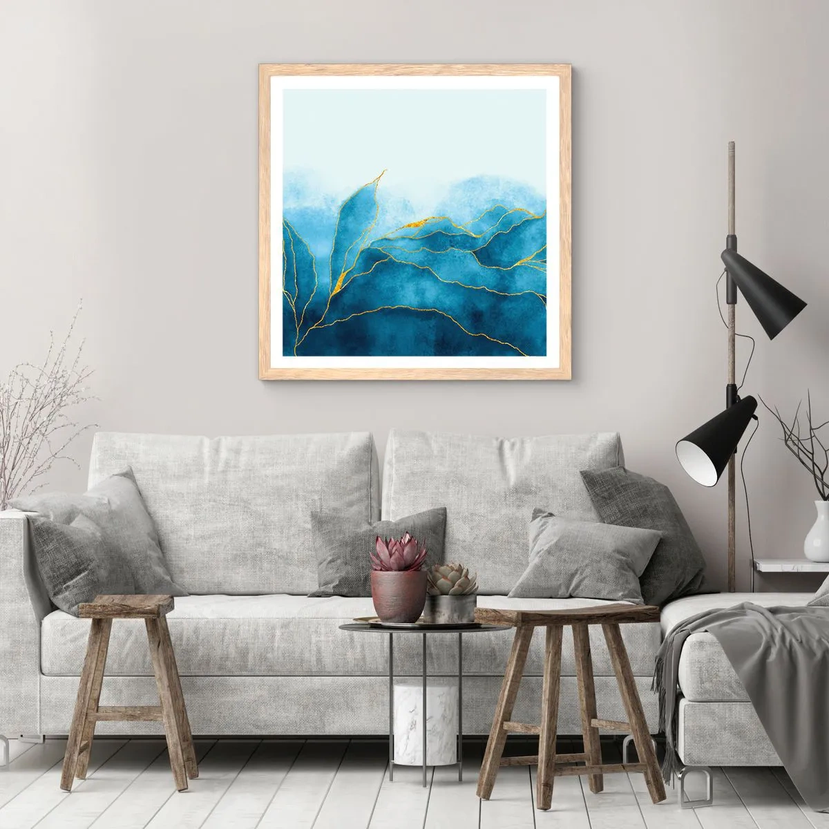 Poszter világos tölgy keretben - Kék aranyban - 60x60 cm