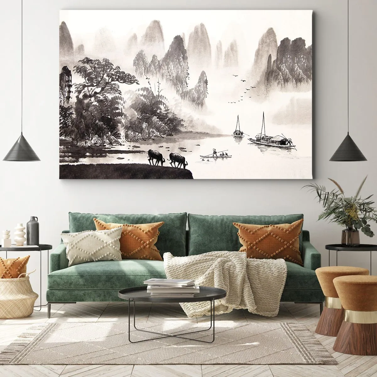 Vászonkép - Festői ázsiai stílusú táj ködös hegyekkel - 70x50cm - Kelet egzotikus hétköznapjai - Modern fali dekoráció nappalihoz és hálószobához ARTTOR