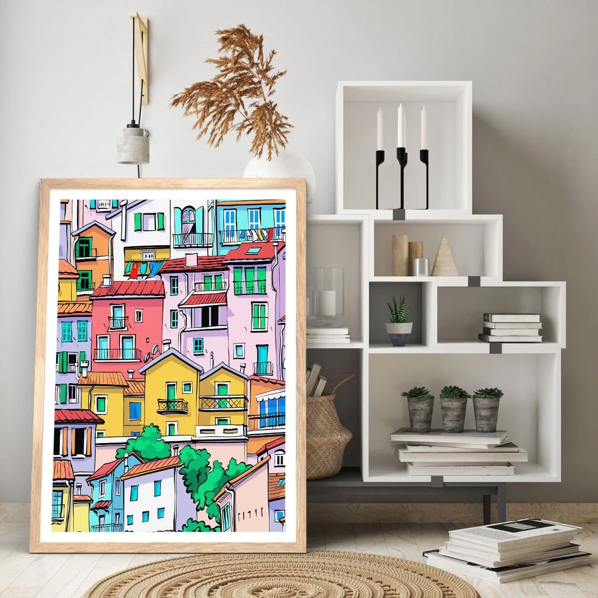 Poszter világos tölgy keretben - Vidám város - 61x91 cm