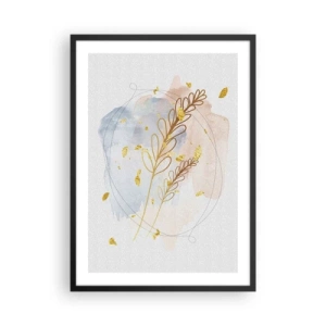 Poszter fehér keretben - Finom botanikai kompozíció arany részletekkel - 50x70cm - Aranyszínű fuvallat - Modern fali dekoráció nappalihoz és hálószobához ARTTOR