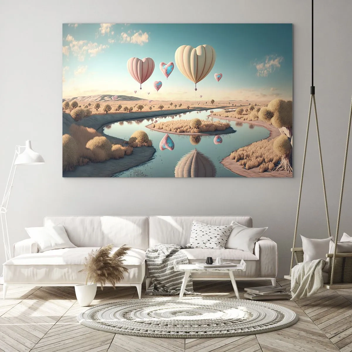 Üveg kép - Szív alakú lufik egy mesebeli táj felett, folyóval - 70x50cm - A szerelem szárnyalni hagy - Modern fali dekoráció nappalihoz és hálószobához ARTTOR