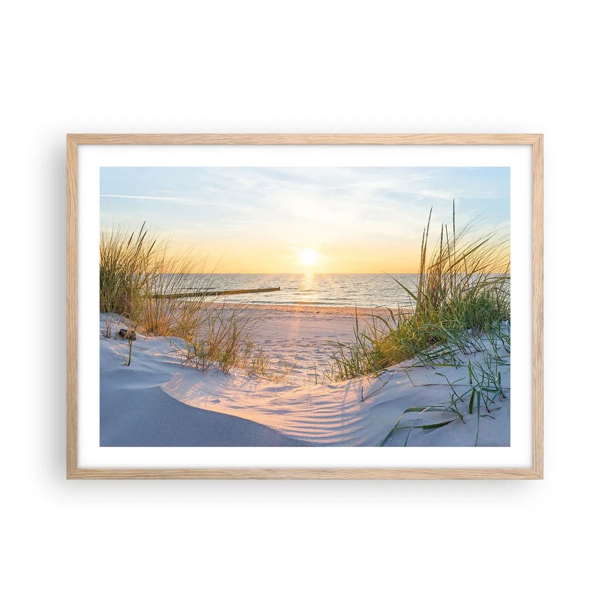 Poszter világos tölgy keretben - A tenger hangja, a madarak éneke, egy vad tengerpart a fű között... - 70x50 cm