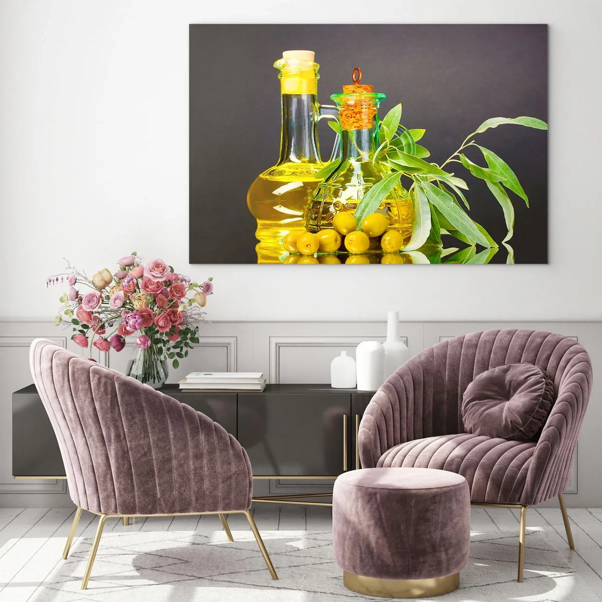 Üveg kép - Csendélet olívabogyóval és olívaolajjal - 100x70 cm