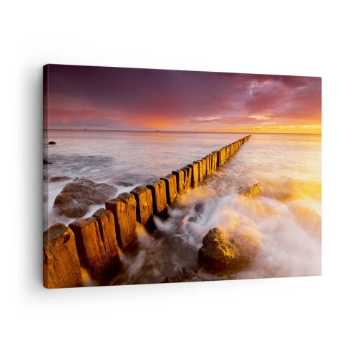 Vászonkép - Festői táj a tengerparton naplementekor - 70x50cm - A hullámok szelídsége - Modern fali dekoráció nappalihoz és hálószobához ARTTOR