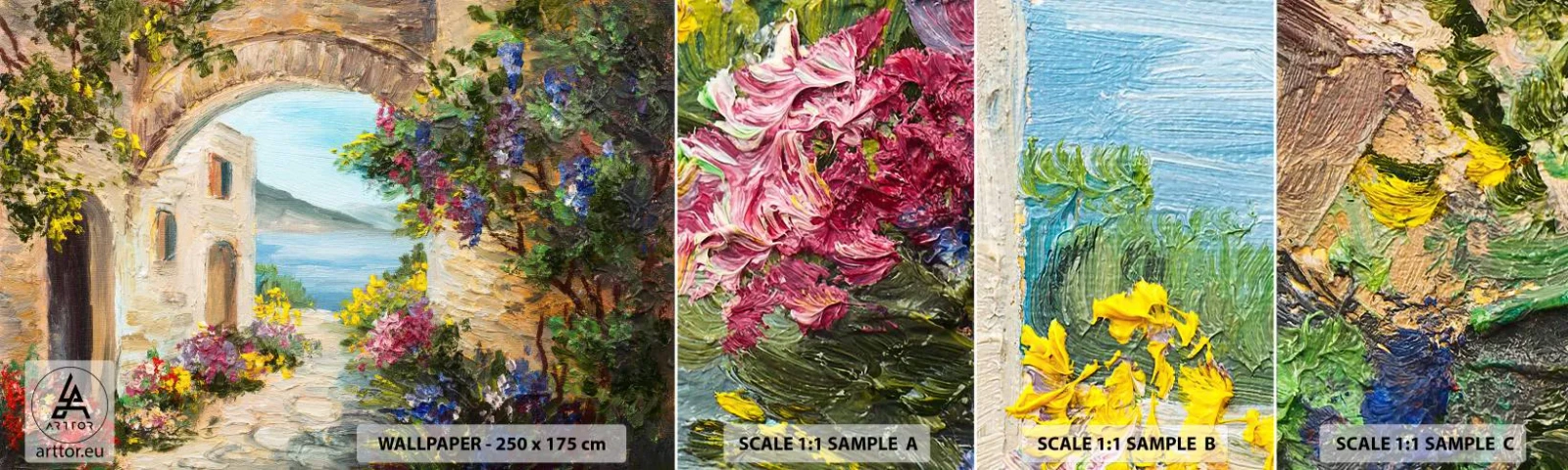 Fotótapéta Minta Öntapadós Deluxe Sticker - Egy tengerparti vidék varázsa - Építészet, Görögország, Virágok - 100x30 cm