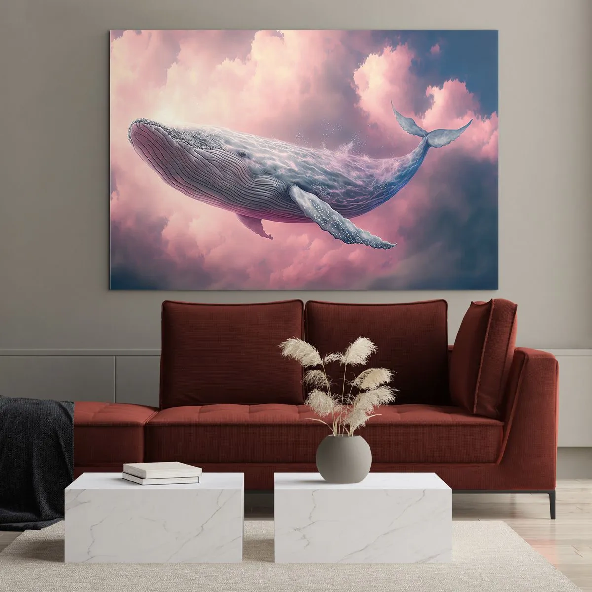 Üveg kép - Egy bálna lebeg a felhőkben rózsaszín ragyogással - 70x50cm - Töröld meg a szemed - Modern fali dekoráció nappalihoz és hálószobához ARTTOR