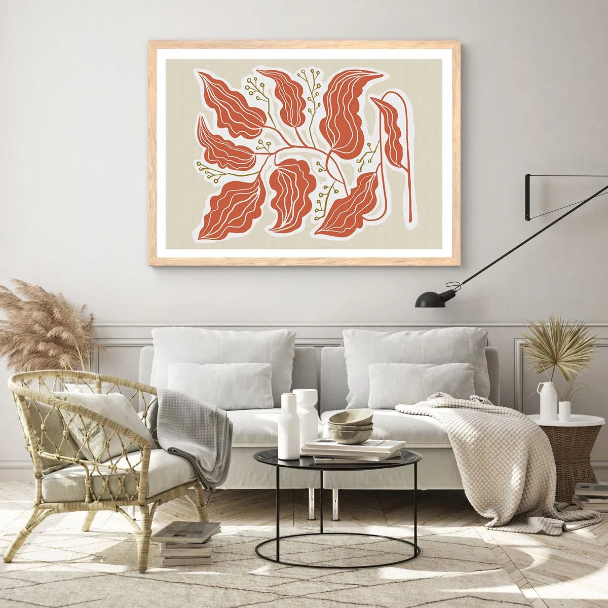 Poszter világos tölgy keretben - Népi és korall - 100x70 cm