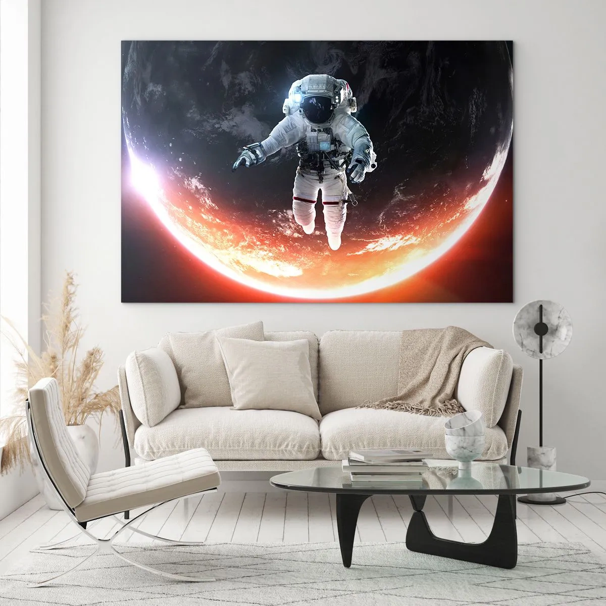 Üveg kép - Űrhajós az űrben, egy bolygóval a háttérben - 70x50cm - Maradhatok még egy kicsit? - Modern fali dekoráció nappalihoz és hálószobához ARTTOR
