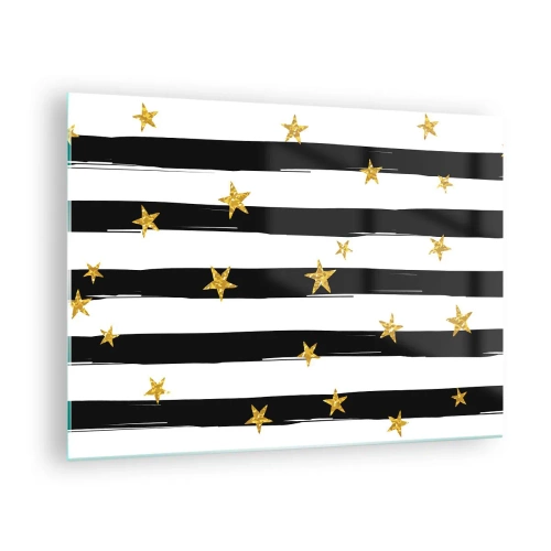 Üveg kép - Fekete-fehér csíkok arany csillagokkal - 70x50cm - Mindannyian szerencsés csillag alatt születtünk - Modern fali dekoráció nappalihoz és hálószobához ARTTOR