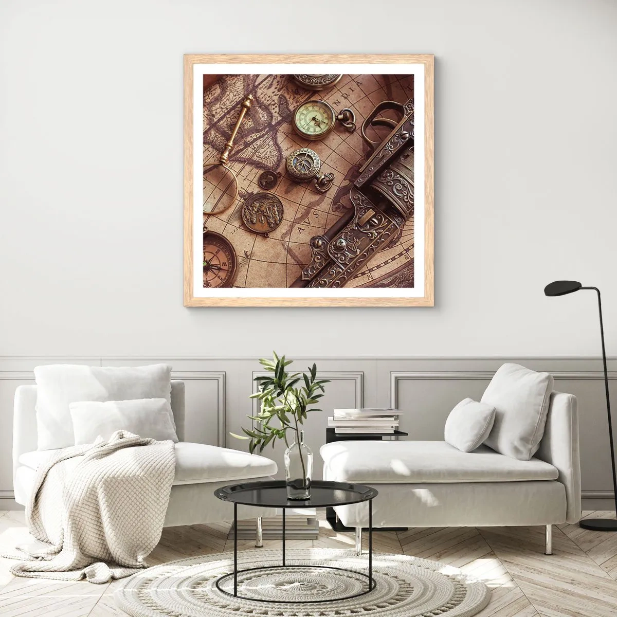 Poszter világos tölgy keretben - Hív a kaland  - 60x60 cm