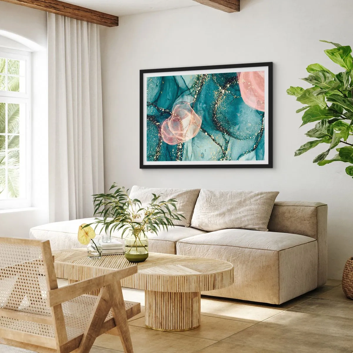 Poszter fehér keretben - Selyemkék, tüll rózsaszín - 70x50 cm