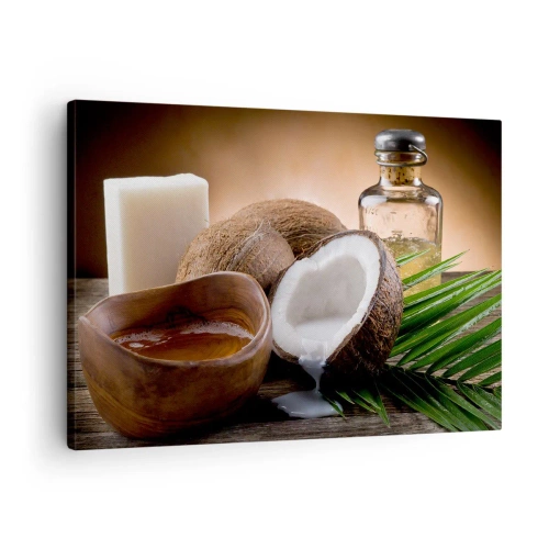 Vászonkép - Kókuszdiók, gyertya és olaj fa háttéren - 70x50cm - Egészség a trópusi szigetekről - Modern fali dekoráció nappalihoz és hálószobához ARTTOR