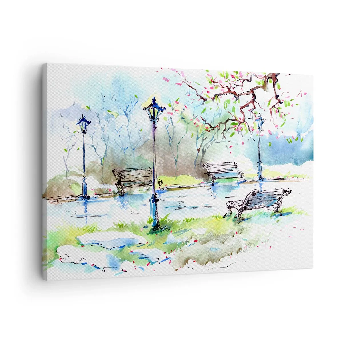 Vászonkép - Akvarell parkjelenet padokkal és lámpákkal - 70x50cm - A park csendjének varázsa - Modern fali dekoráció nappalihoz és hálószobához ARTTOR
