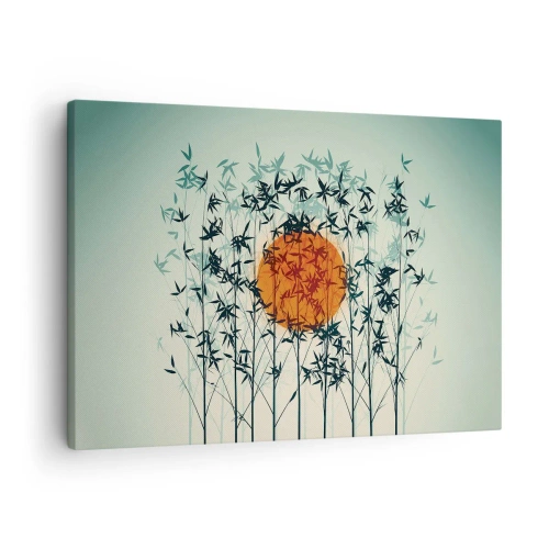 Vászonkép - Narancssárga nap a bambuszágak között - 70x50cm - Japán nap - Modern fali dekoráció nappalihoz és hálószobához ARTTOR
