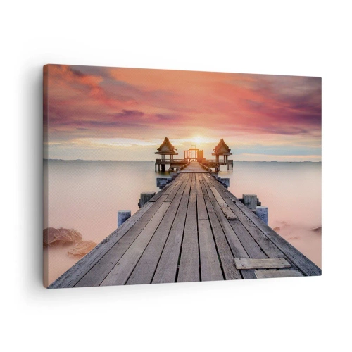 Vászonkép - Fából készült móló, amely naplementekor pavilonokhoz vezet - 70x50cm - Nyugat keleten - Modern fali dekoráció nappalihoz és hálószobához ARTTOR