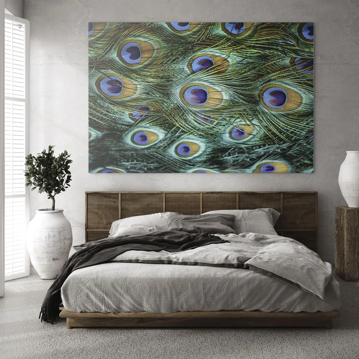 Üveg kép - Pávatollak részlete különálló szemekkel - 70x50cm - Pávaszemű pillantás - Modern fali dekoráció nappalihoz és hálószobához ARTTOR