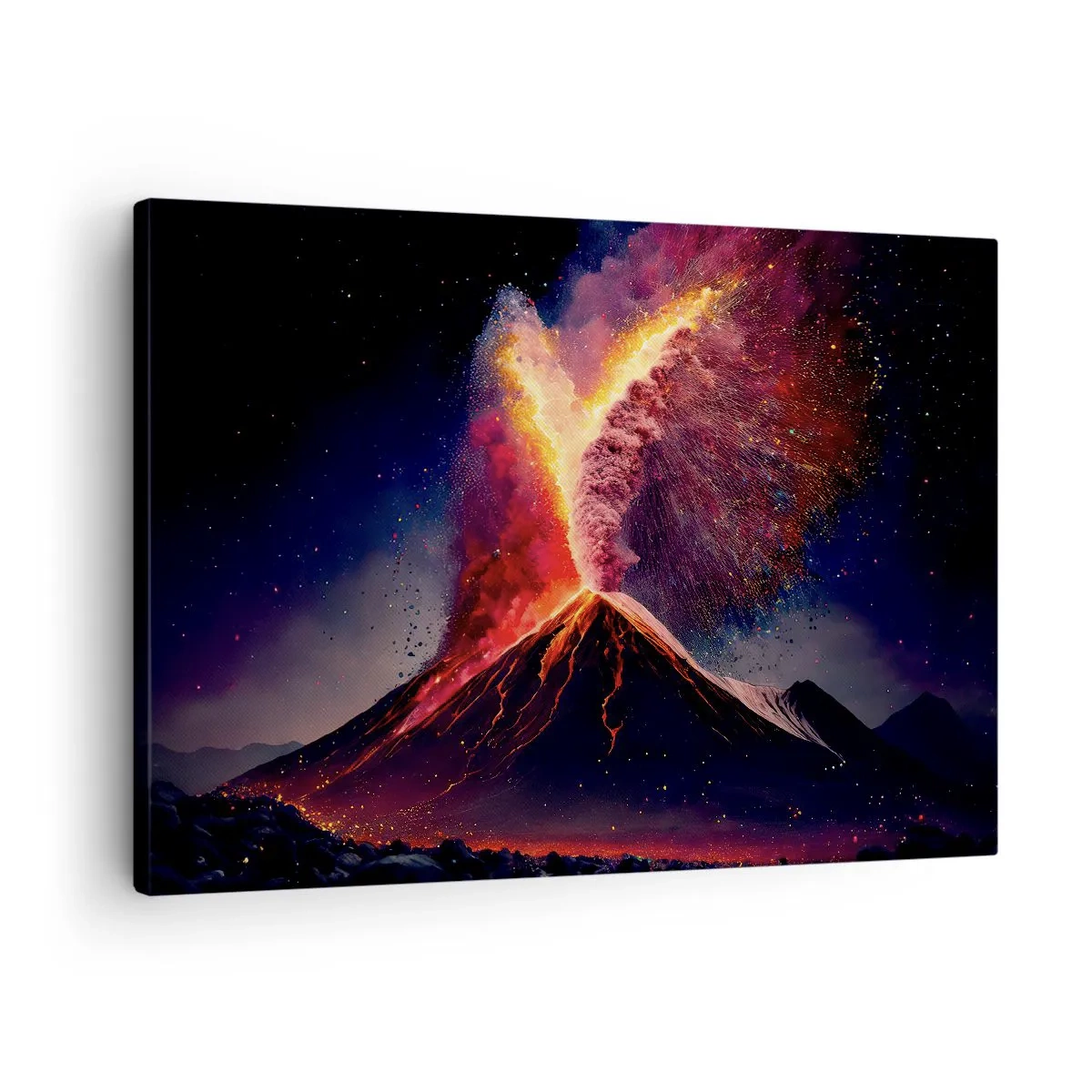 Vászonkép - Egyedi vulkánkitörés éjszaka dinamikus színekkel. - 70x50cm - Szépség és horror - Modern fali dekoráció nappalihoz és hálószobához ARTTOR