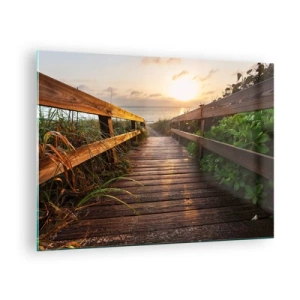 Üveg kép - Fa gyaloghíd vezet a tengerpartra naplementekor - 70x50cm - És egyenesen a partra - Modern fali dekoráció nappalihoz és hálószobához ARTTOR
