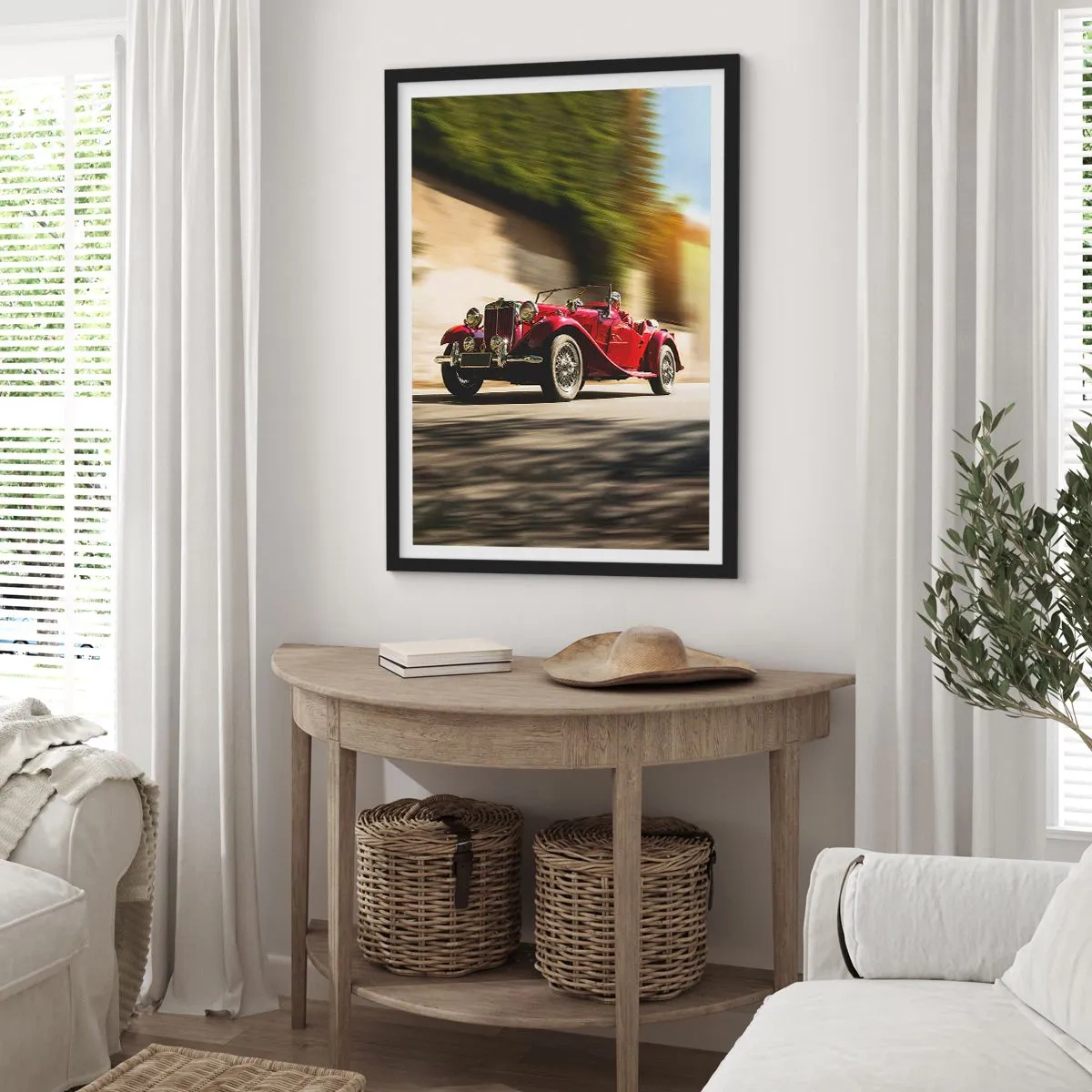 Poszter fehér keretben - Piros klasszikus autó elmosódott tájban - 50x70cm - Szebb, mint Szamothrakéi Niké - Modern fali dekoráció nappalihoz és hálószobához ARTTOR