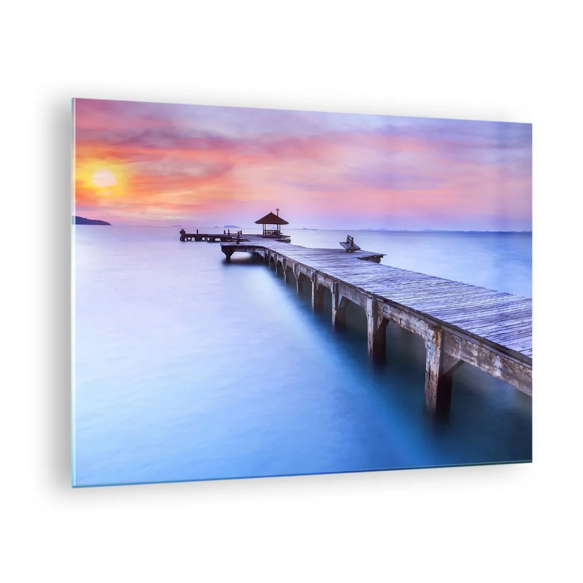 Üveg kép - Fából készült móló napkeltekor nyugodt vízen - 70x50cm - Nyugalom tengere egészen a horizontig - Modern fali dekoráció nappalihoz és hálószobához ARTTOR