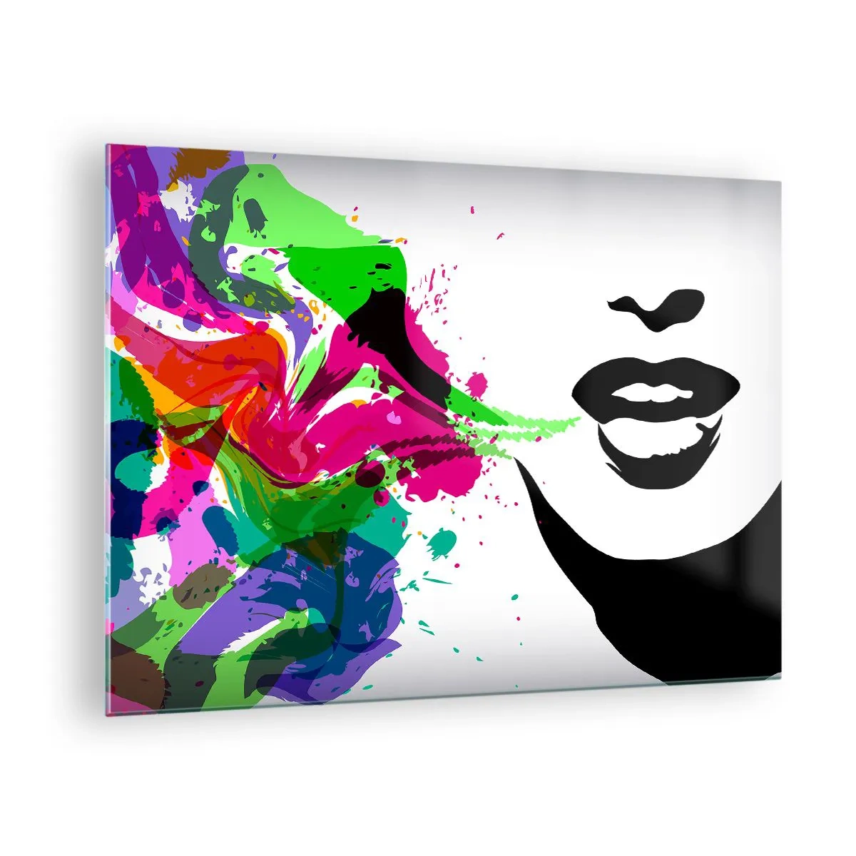 Üveg kép - Színes absztrakció női profillal és színfoltokkal. - 70x50cm - Egy történet a szivárvány színeiben - Modern fali dekoráció nappalihoz és hálószobához ARTTOR
