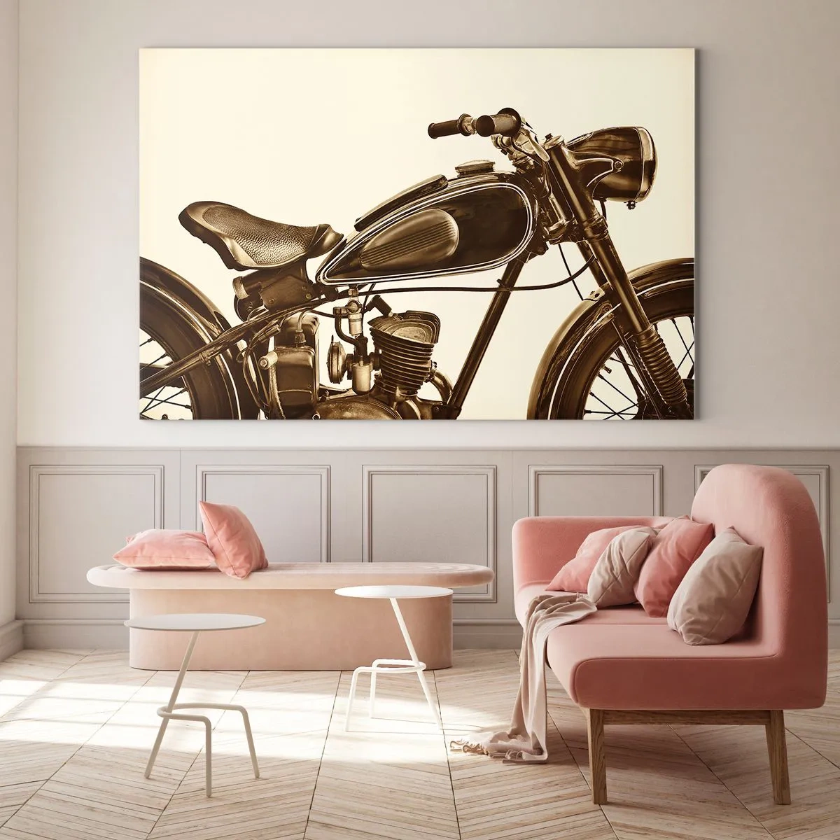 Üveg kép - Stílusos retro motorkerékpár szépia tónusokban világos háttéren - 70x50cm - Vágyva a klasszikusokra - Modern fali dekoráció nappalihoz és hálószobához ARTTOR