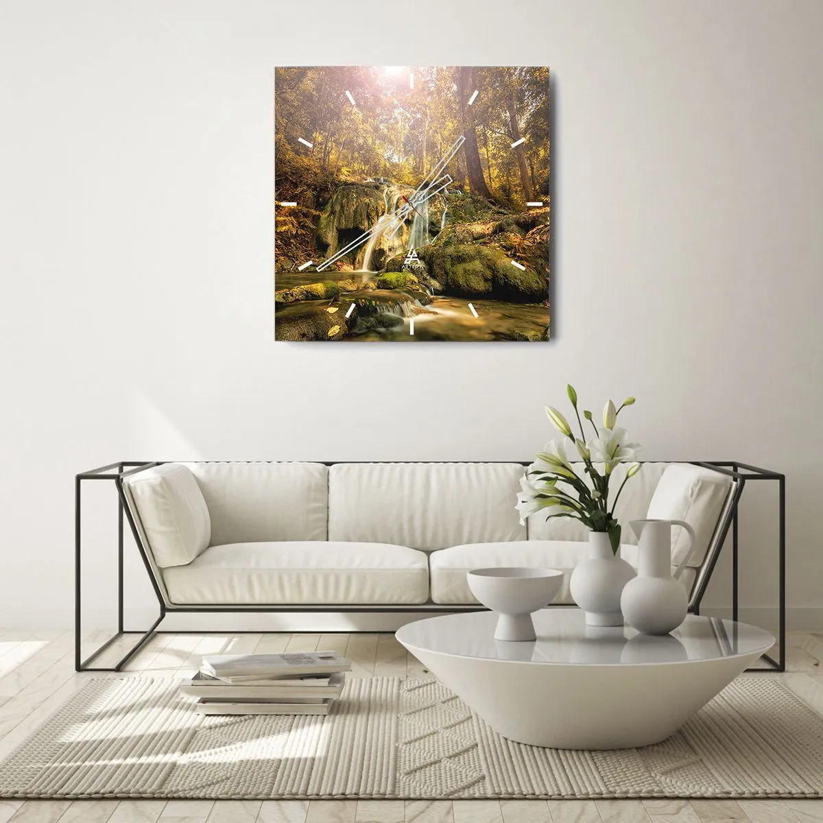 Falióra, Óra - Erdei vízesés a zöldben - 40x40 cm