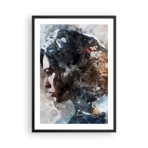 Poszter fehér keretben - Egy nő sziluettje, háttérben akvarell tájképpel - 50x70cm - Történet egy lányról, várossal a háttérben - Modern fali dekoráció nappalihoz és hálószobához ARTTOR