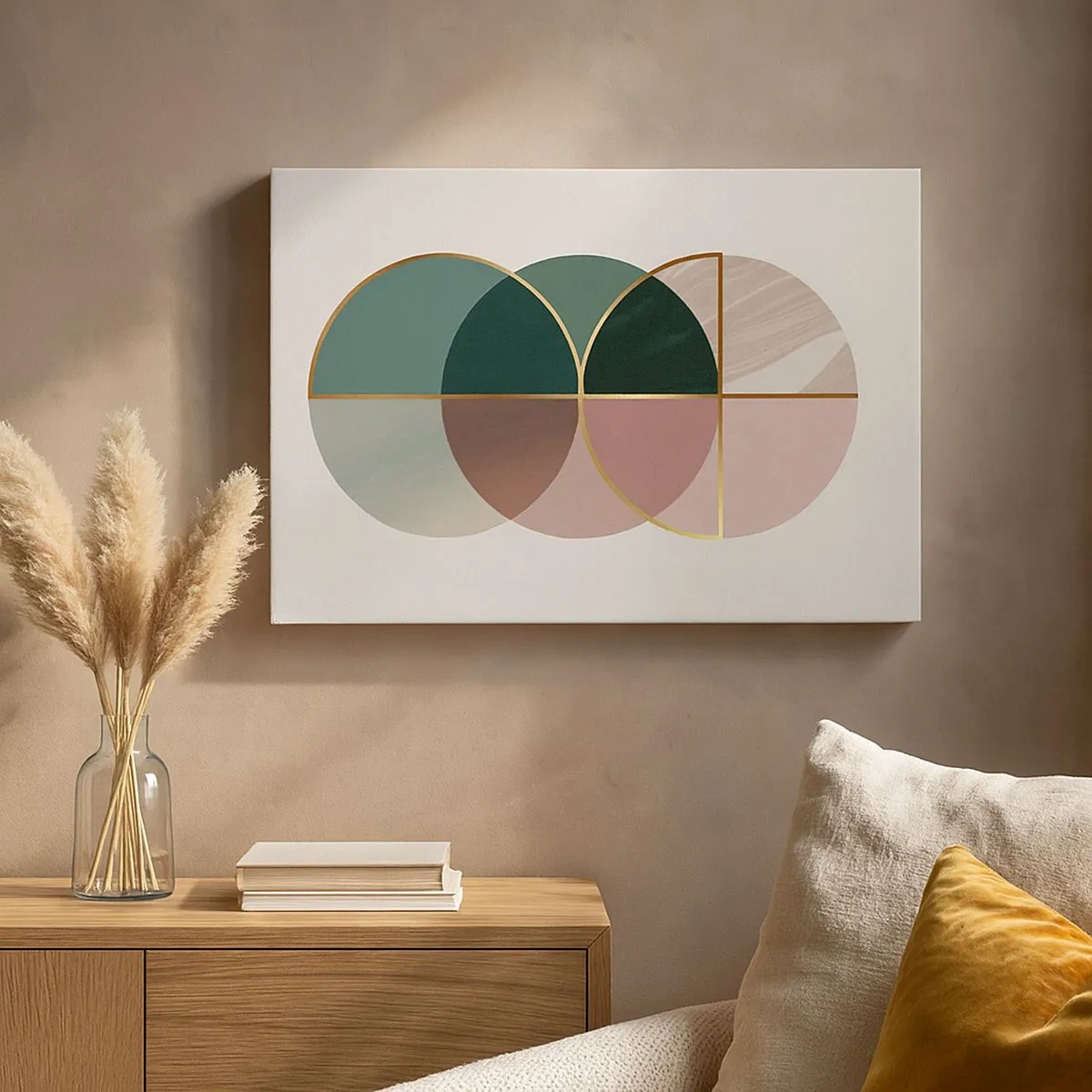 Vászonkép - Geometriai formák és arany vonalak absztrakt kompozíciója. - 70x50cm - Kerékről kerékre... - Modern fali dekoráció nappalihoz és hálószobához ARTTOR