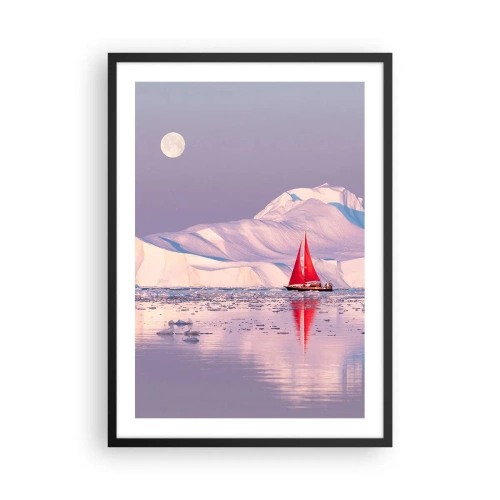 Poszter fehér keretben - Egy vörös vitorla jéghegyek hátterében telihold alatt - 50x70cm - A vitorla melege, a jég hidege - Modern fali dekoráció nappalihoz és hálószobához ARTTOR