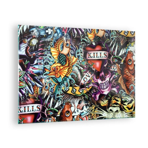 Üveg kép - Színes, tetoválásművészet ihlette minták kompozíciója - 70x50cm - A tetováló művész álma - Modern fali dekoráció nappalihoz és hálószobához ARTTOR