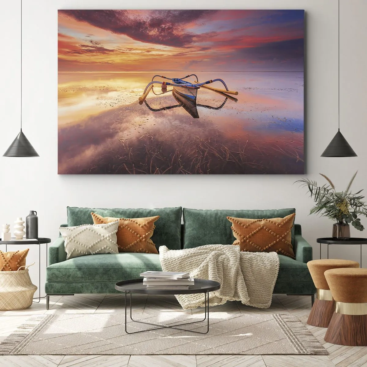 Vászonkép - Egy hajó nyugodt vízen naplementekor - 70x50cm - Egy trópusi este nyugalma - Modern fali dekoráció nappalihoz és hálószobához ARTTOR