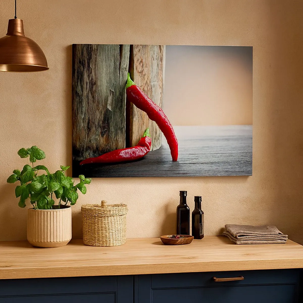 Vászonkép - Két piros chili paprika rusztikus díszítéssel, fából készült háttéren - 70x50cm - Red hot chili peppers - Modern fali dekoráció nappalihoz és hálószobához ARTTOR