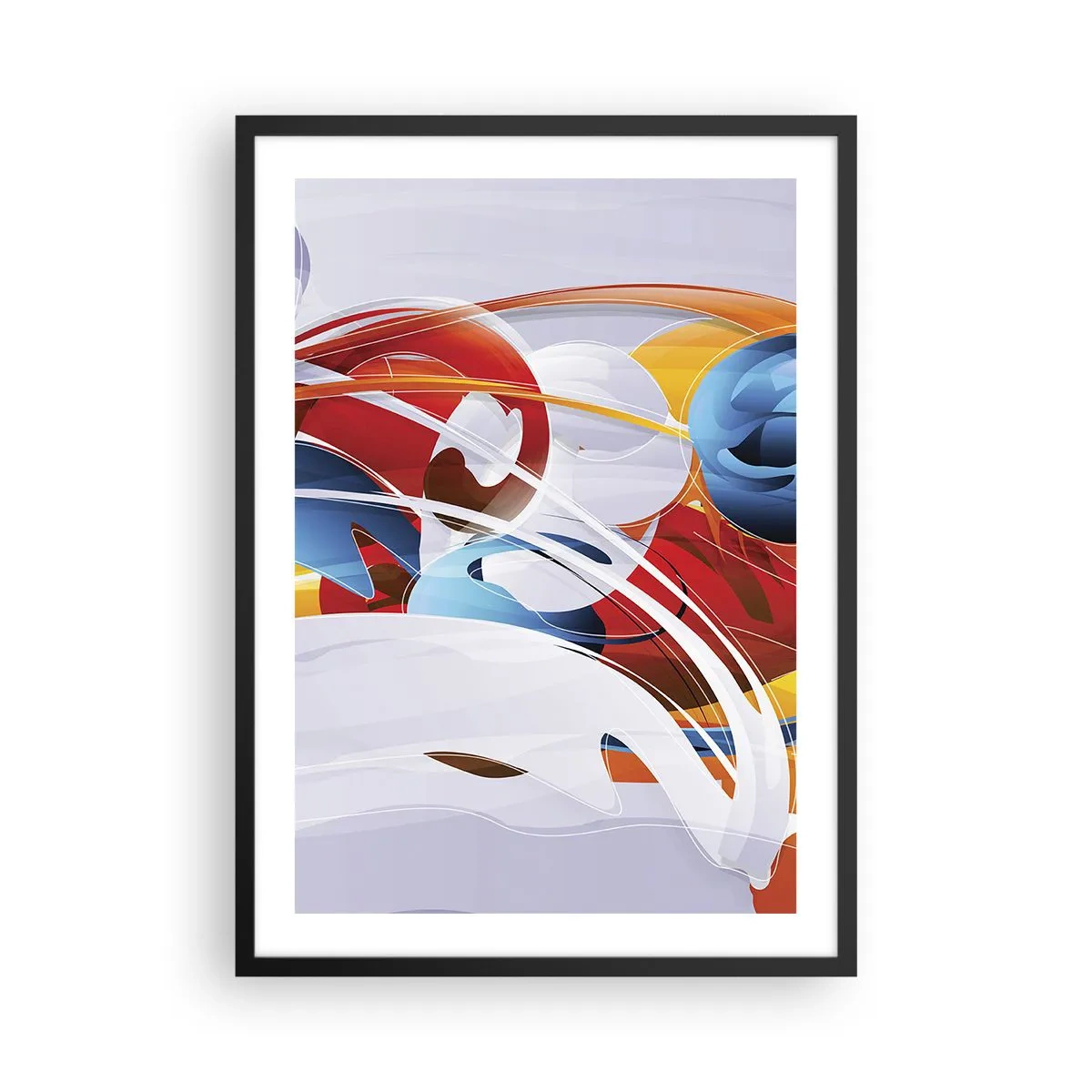 Poszter fehér keretben - Színes absztrakció dinamikus formákkal - 50x70cm - Az elemek tánca - Modern fali dekoráció nappalihoz és hálószobához ARTTOR