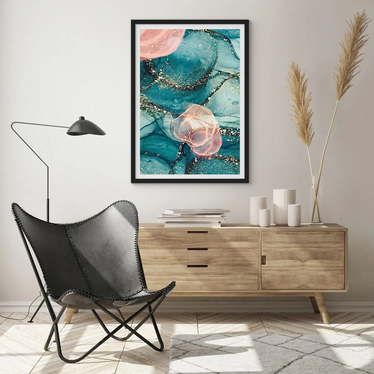 Poszter fehér keretben - Egy absztrakt kompozíció türkiz és arany árnyalatokban. - 50x70cm - Selyemkék, tüll rózsaszín - Modern fali dekoráció nappalihoz és hálószobához ARTTOR