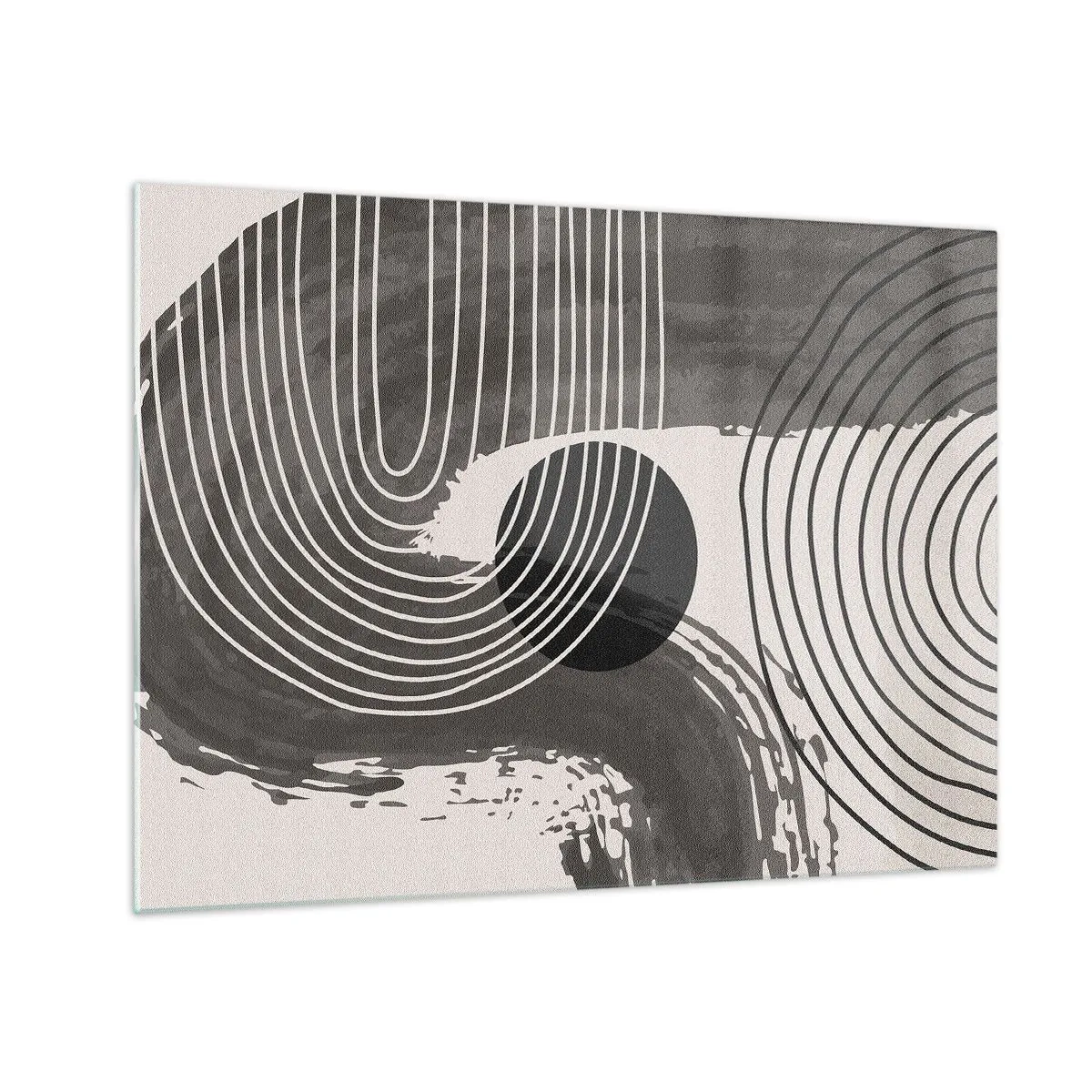 Üveg kép - Modern absztrakció fekete-fehér vonalakkal és oválissal - 70x50cm - Az ovális nyer - Modern fali dekoráció nappalihoz és hálószobához ARTTOR