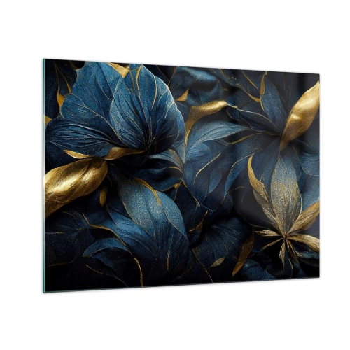 Üveg kép - Sötétkék levelek finom arany díszítéssel - 70x50cm - Arannyal bélelt - Modern fali dekoráció nappalihoz és hálószobához ARTTOR