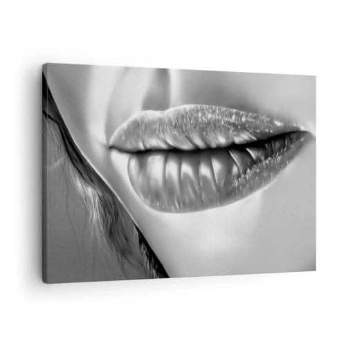 Vászonkép - Fekete-fehér közeli felvétel egy női ajkakról fényes hatással és részletekkel. - 70x50cm - Tudom, mire gondolsz… - Modern fali dekoráció nappalihoz és hálószobához ARTTOR