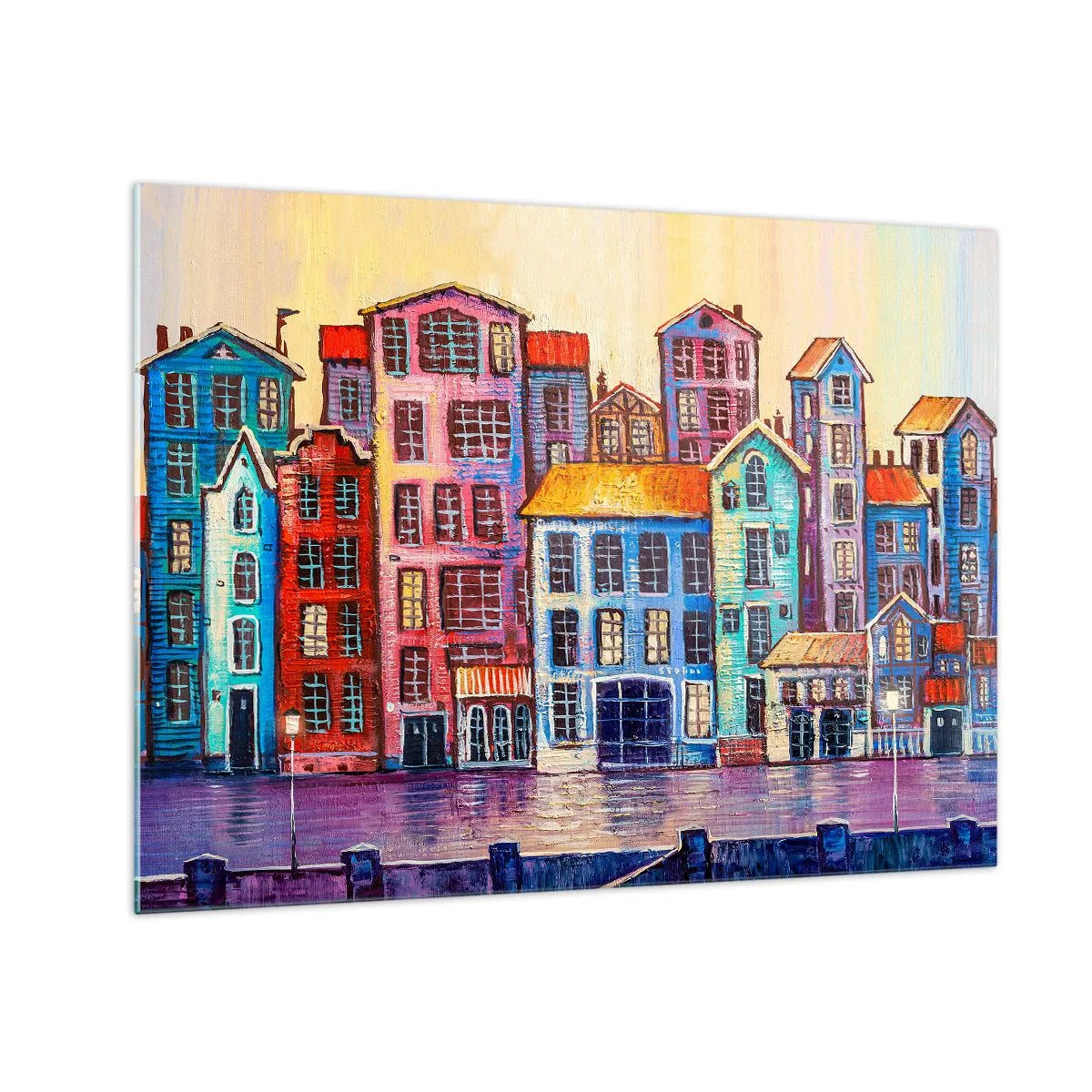 Üveg kép - Színes bérházak tükröződnek a vízben - 70x50cm - Egy város, mint egy tündérmese - Modern fali dekoráció nappalihoz és hálószobához ARTTOR