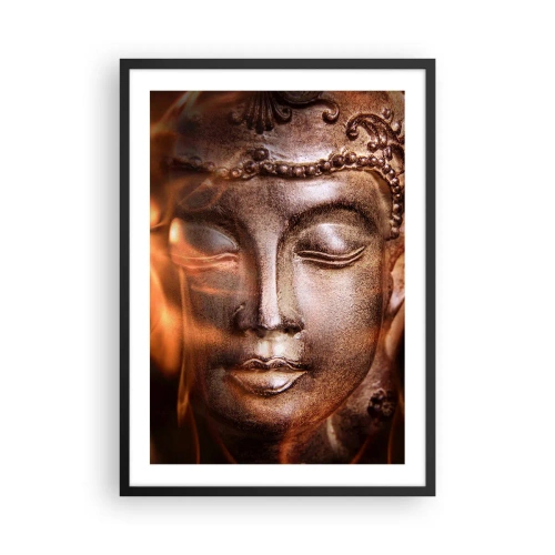 Poszter fehér keretben - Buddha szobor, amely meleg fénnyel ragyog - 50x70cm - Csak itt és most létezik - Modern fali dekoráció nappalihoz és hálószobához ARTTOR