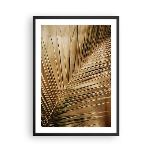 Poszter fehér keretben - Arany pálmalevél elegáns háttérrel - 50x70cm - Természetes oszlopsor - Modern fali dekoráció nappalihoz és hálószobához ARTTOR